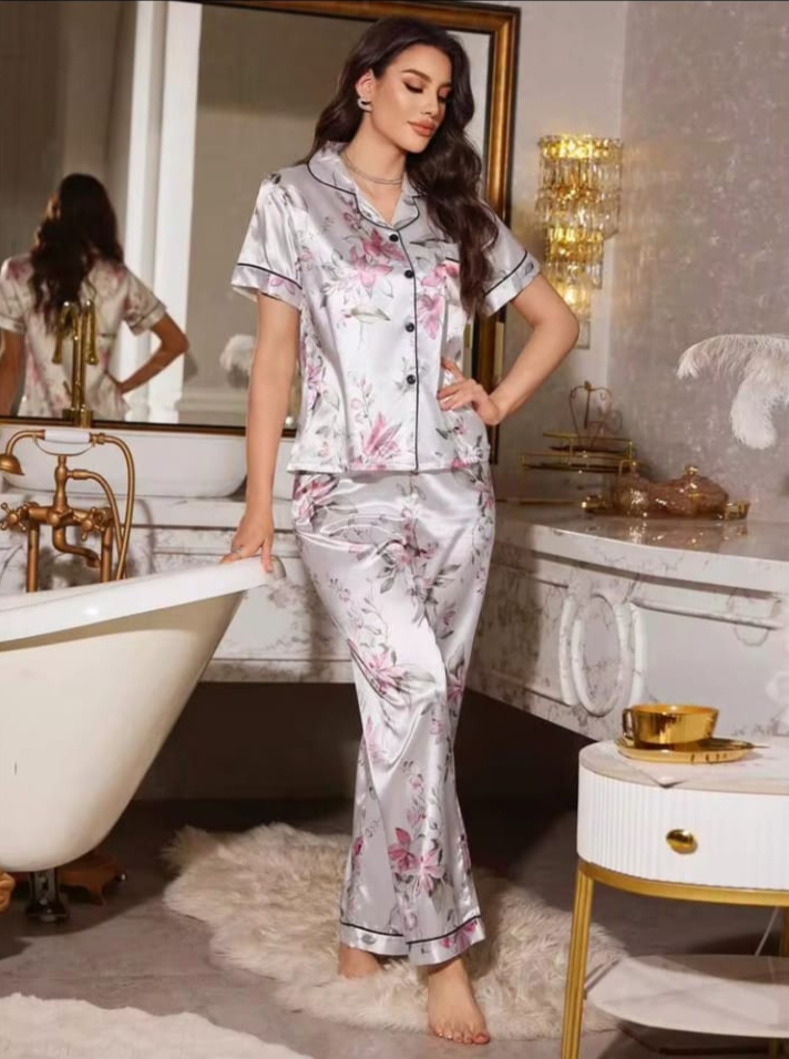 Women’s Floral Print Satin Night Suit Set – Short Sleeve Button-Front Pyjama Set