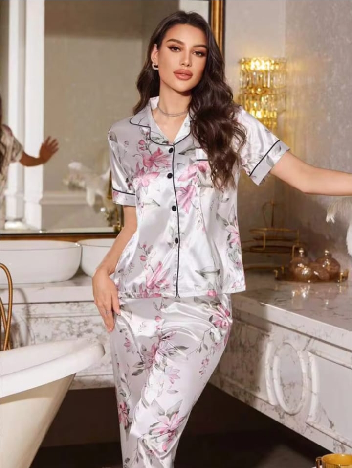 Women’s Floral Print Satin Night Suit Set – Short Sleeve Button-Front Pyjama Set