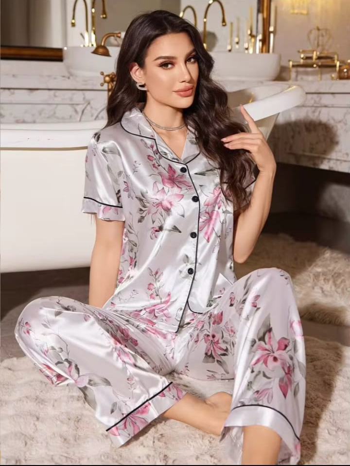 Women’s Floral Print Satin Night Suit Set – Short Sleeve Button-Front Pyjama Set