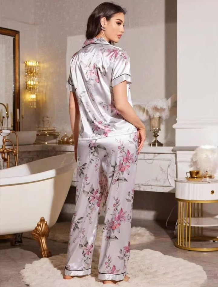 Women’s Floral Print Satin Night Suit Set – Short Sleeve Button-Front Pyjama Set