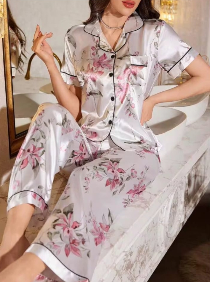 Women’s Floral Print Satin Night Suit Set – Short Sleeve Button-Front Pyjama Set
