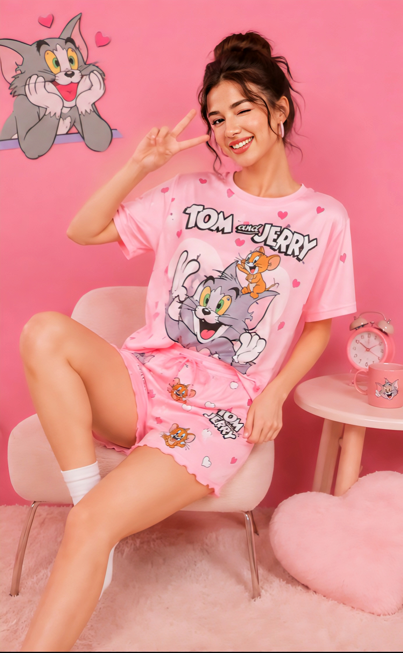 Women’s Pink Cartoon Print Cotton T-Shirt & Shorts Night Suit
