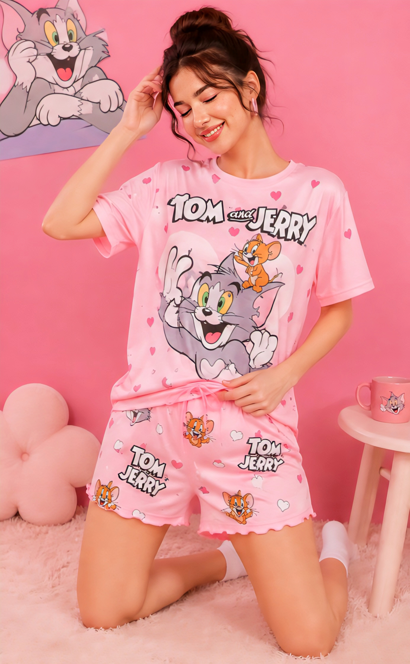 Women’s Pink Cartoon Print Cotton T-Shirt & Shorts Night Suit