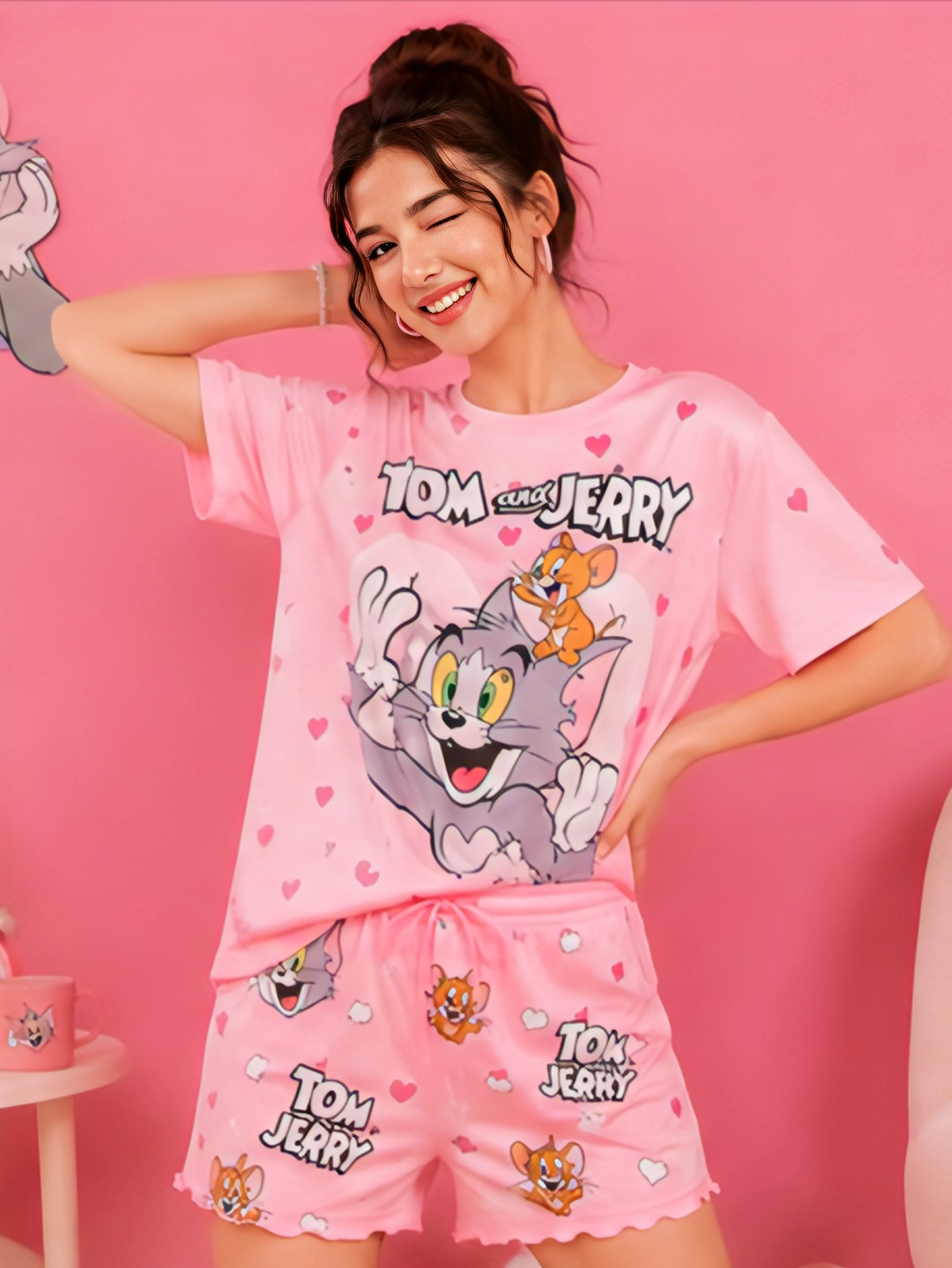 Women’s Pink Cartoon Print Cotton T-Shirt & Shorts Night Suit