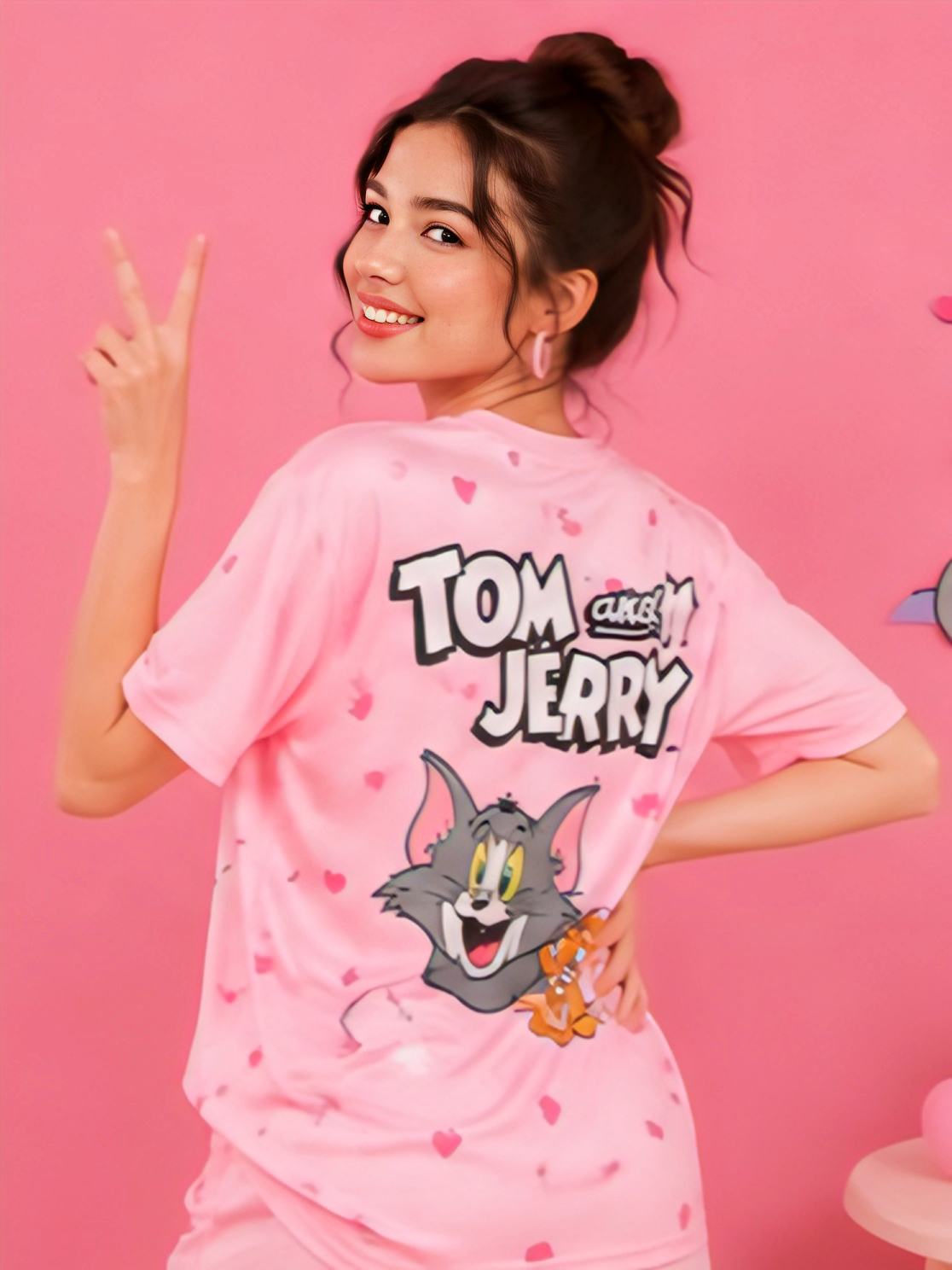 Women’s Pink Cartoon Print Cotton T-Shirt & Shorts Night Suit