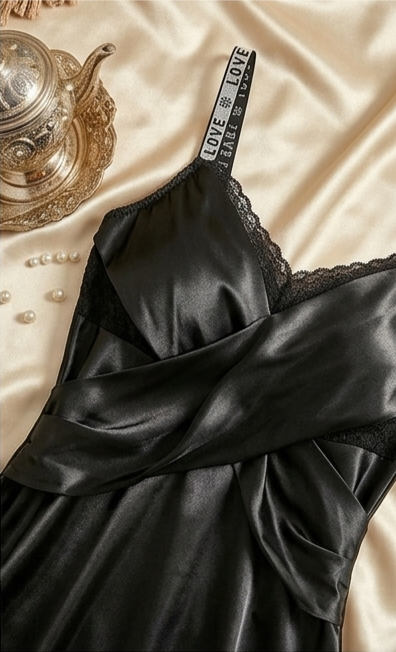 Women’s Luxury Satin Cross-Front V-Neck Slip Dress - Black