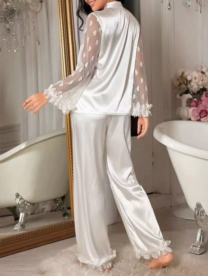 Elegant White Satin Lace Trim Pajama Set with Sheer Floral Sleeves