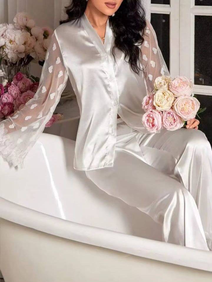 Elegant White Satin Lace Trim Pajama Set with Sheer Floral Sleeves