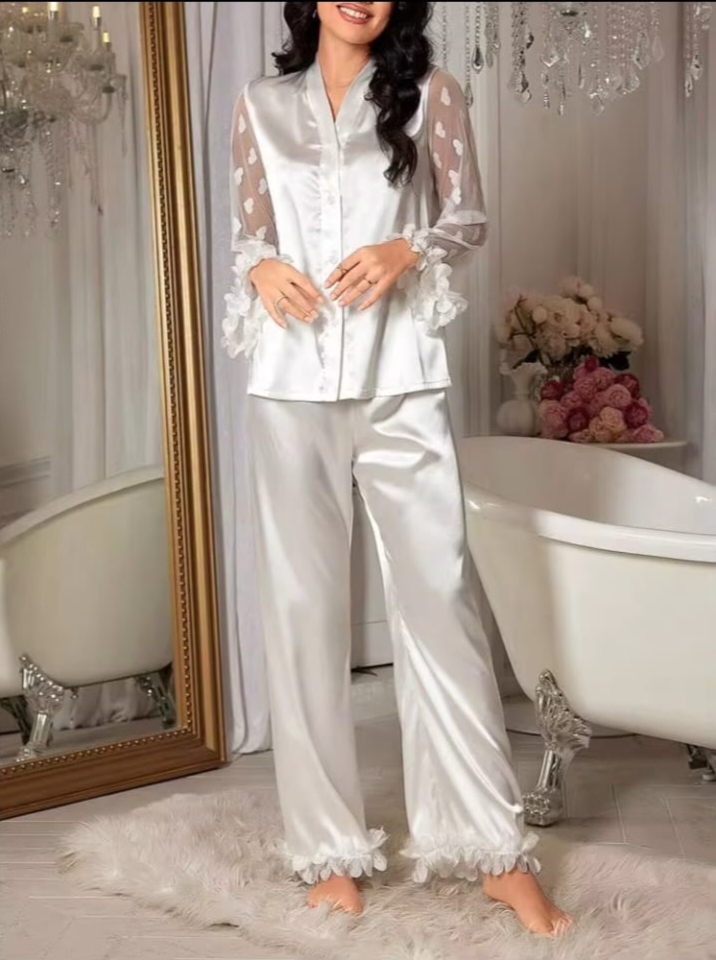 Elegant White Satin Lace Trim Pajama Set with Sheer Floral Sleeves