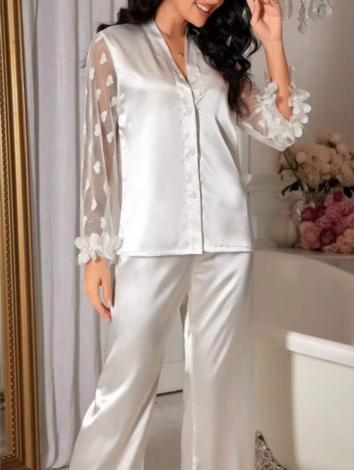 Elegant White Satin Lace Trim Pajama Set with Sheer Floral Sleeves