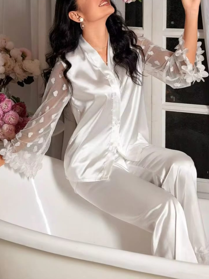 Elegant White Satin Lace Trim Pajama Set with Sheer Floral Sleeves