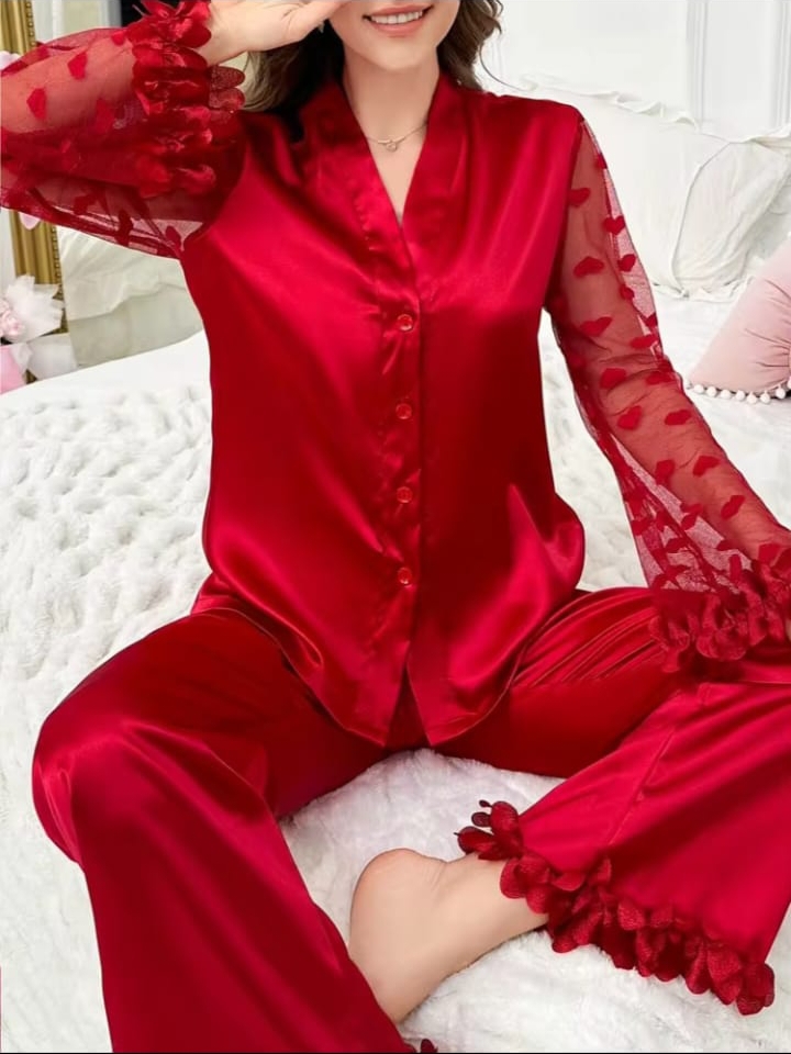 Sweetsleep Elegant Red Satin Pyjama Set with Sheer Heart-Mesh Ruffle Sleeves & Ankle Hem