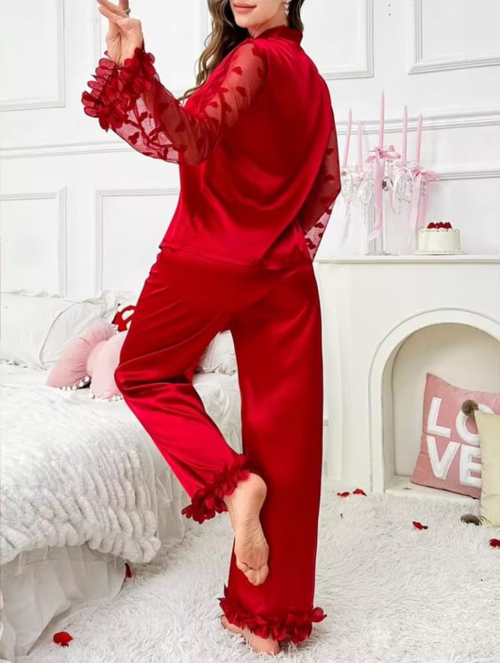 Sweetsleep Elegant Red Satin Pyjama Set with Sheer Heart-Mesh Ruffle Sleeves & Ankle Hem