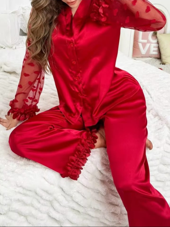 Sweetsleep Elegant Red Satin Pyjama Set with Sheer Heart-Mesh Ruffle Sleeves & Ankle Hem