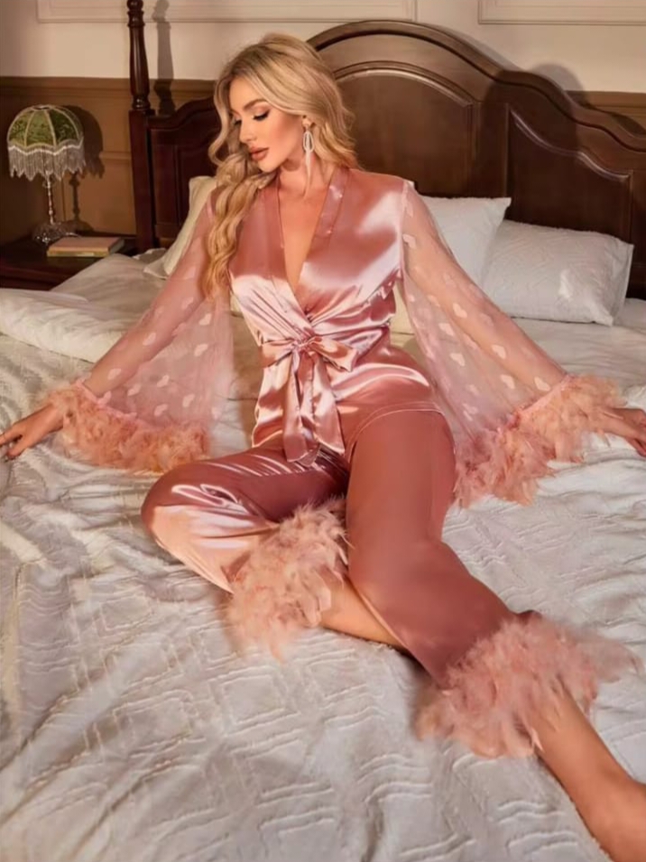 Sweetsleep Dusty Pink Satin Wrap Pyjama Set with Feather Trim & Sheer Bell Sleeves