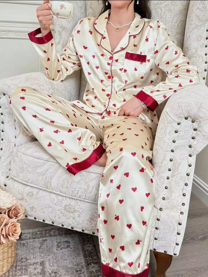 Sweetsleep Cream Satin Heart Print Pyjama Set with Contrast Red Trim