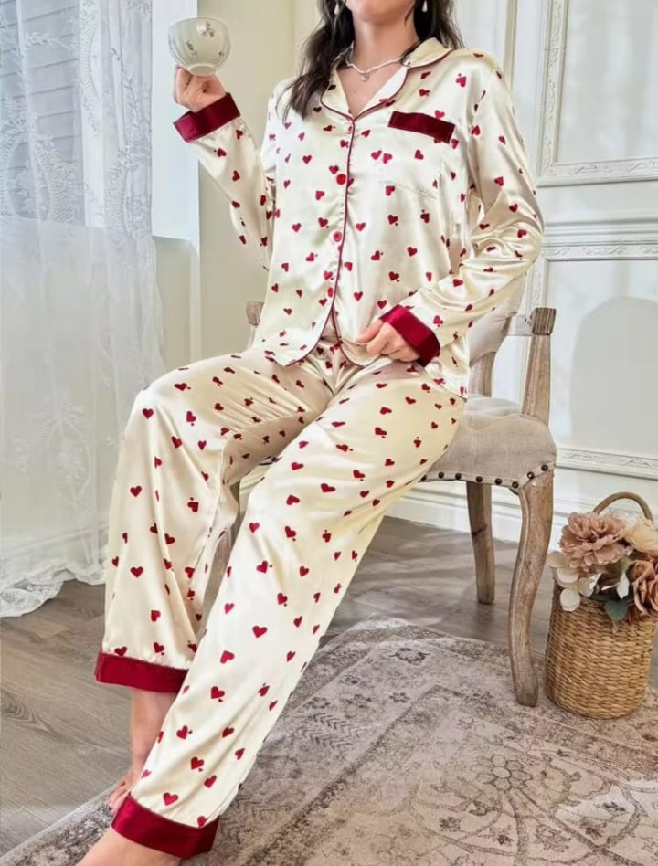 Sweetsleep Cream Satin Heart Print Pyjama Set with Contrast Red Trim