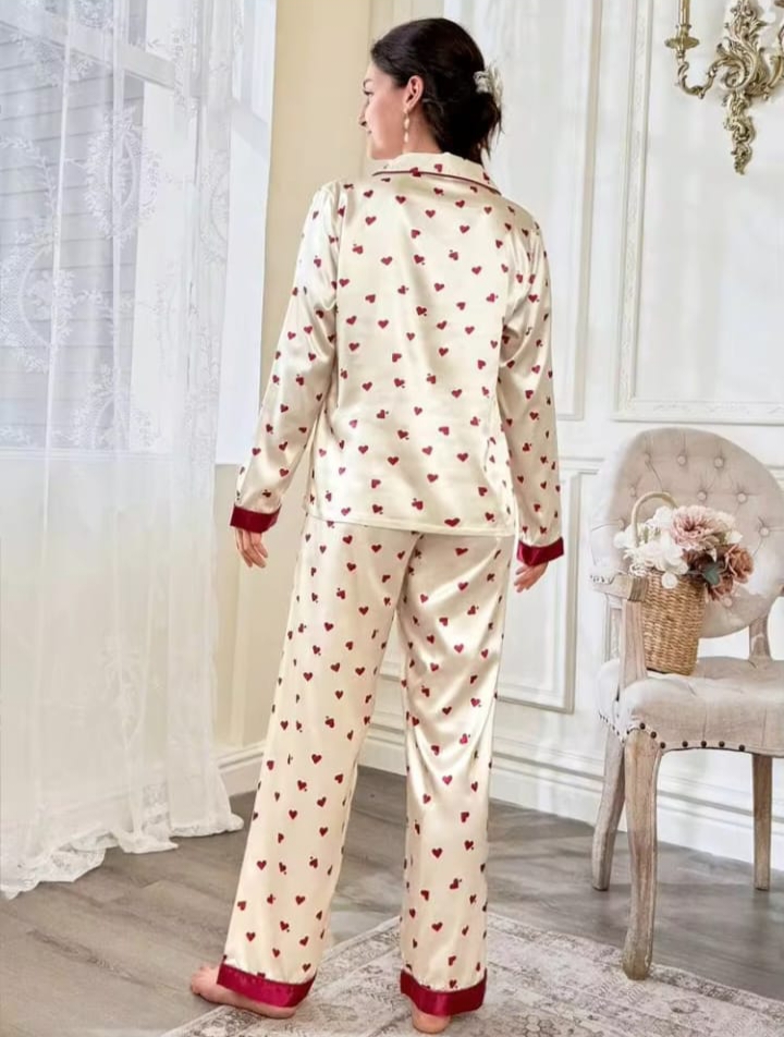 Sweetsleep Cream Satin Heart Print Pyjama Set with Contrast Red Trim