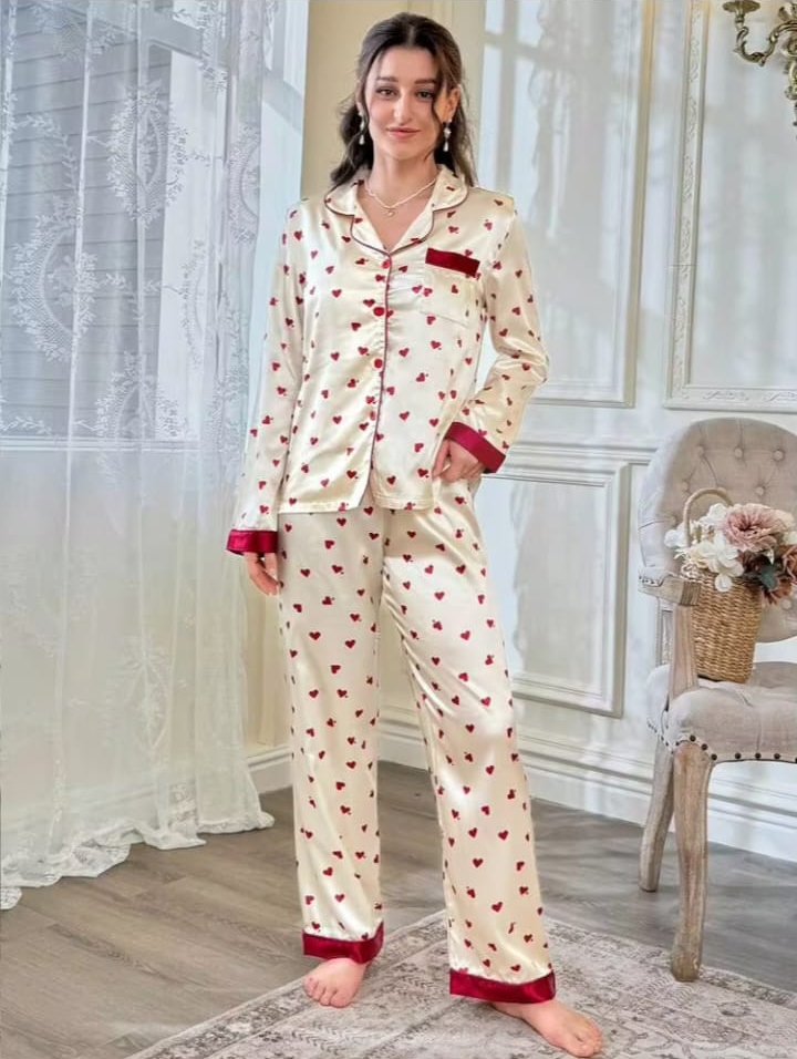 Sweetsleep Cream Satin Heart Print Pyjama Set with Contrast Red Trim