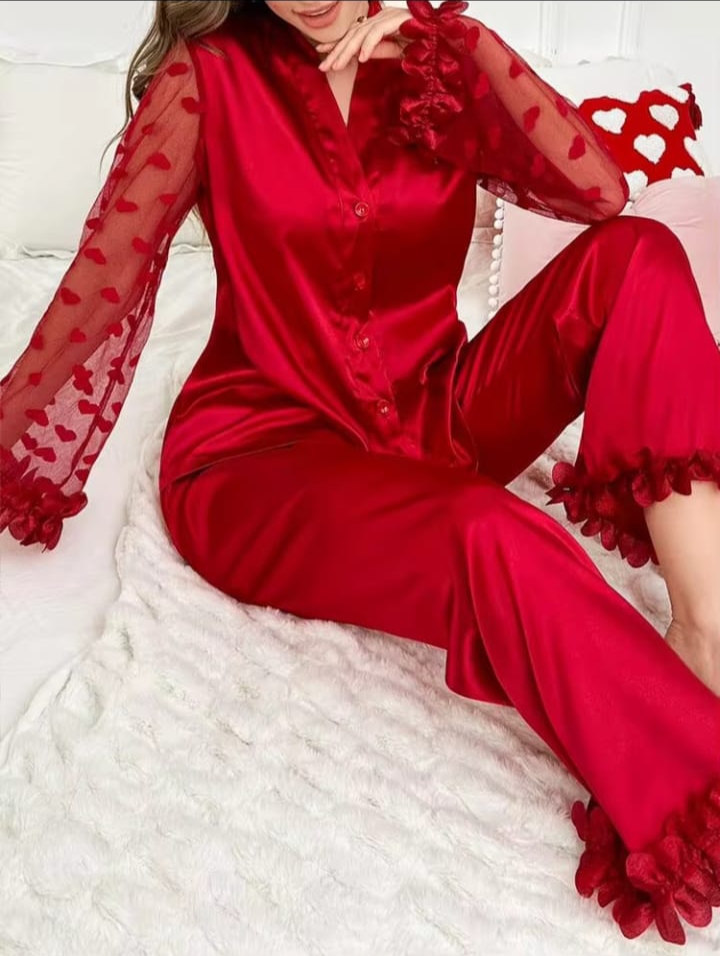Sweetsleep Elegant Red Satin Pyjama Set with Sheer Heart-Mesh Ruffle Sleeves & Ankle Hem