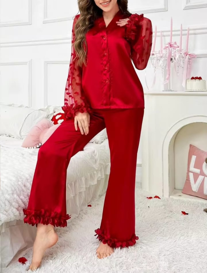 Sweetsleep Elegant Red Satin Pyjama Set with Sheer Heart-Mesh Ruffle Sleeves & Ankle Hem
