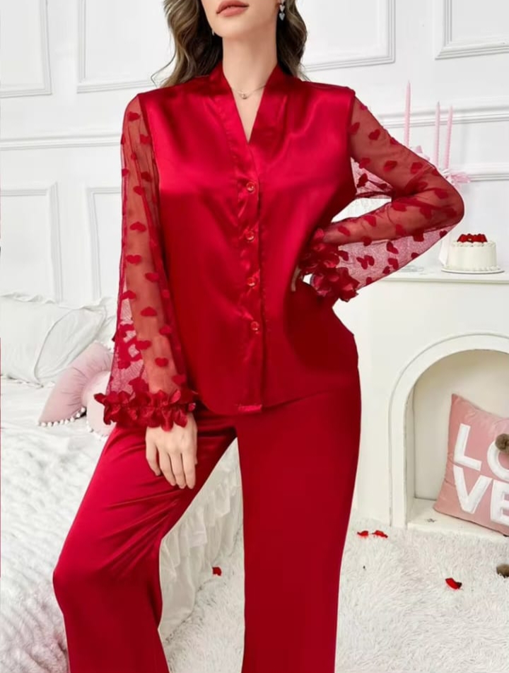Sweetsleep Elegant Red Satin Pyjama Set with Sheer Heart-Mesh Ruffle Sleeves & Ankle Hem