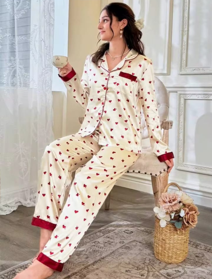 Sweetsleep Cream Satin Heart Print Pyjama Set with Contrast Red Trim