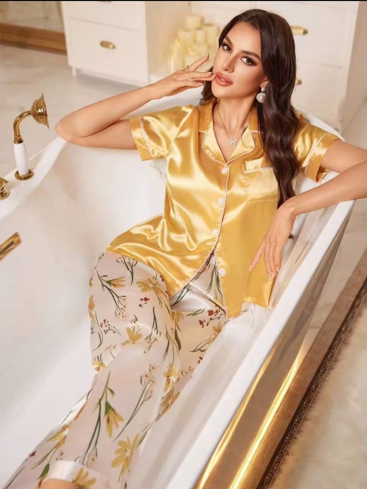 Sweetsleep Luxury Gold Satin Short-Sleeve Top & Floral Pyjama Set