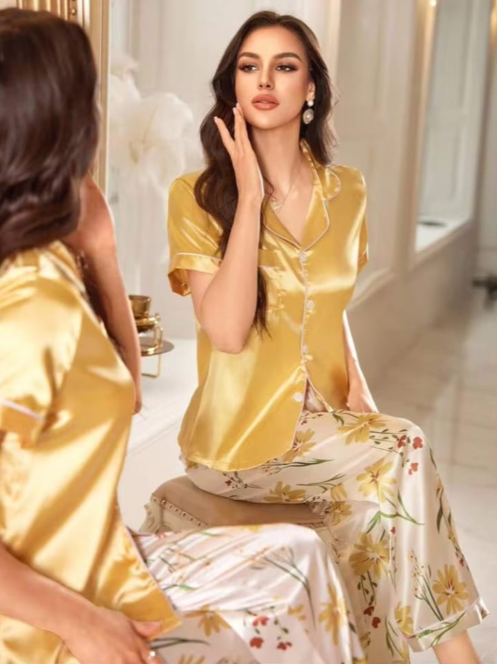 Sweetsleep Luxury Gold Satin Short-Sleeve Top & Floral Pyjama Set