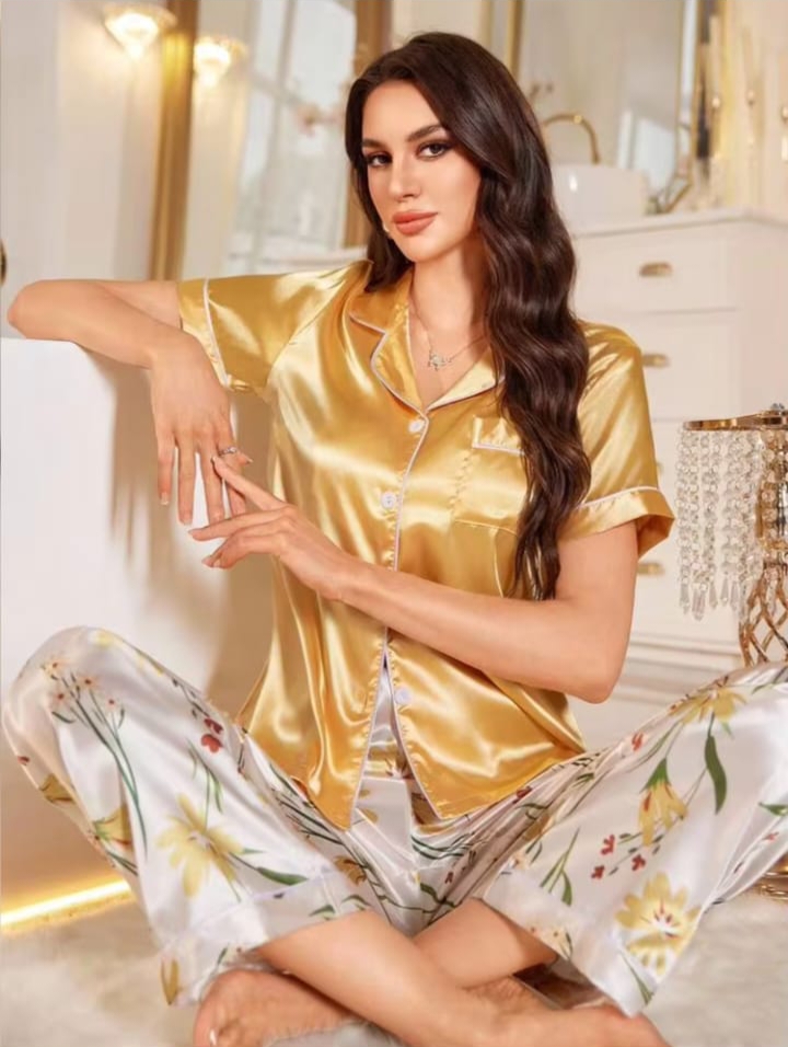 Sweetsleep Luxury Gold Satin Short-Sleeve Top & Floral Pyjama Set