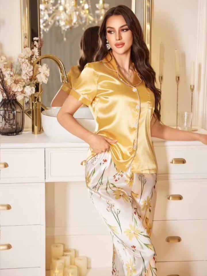 Sweetsleep Luxury Gold Satin Short-Sleeve Top & Floral Pyjama Set