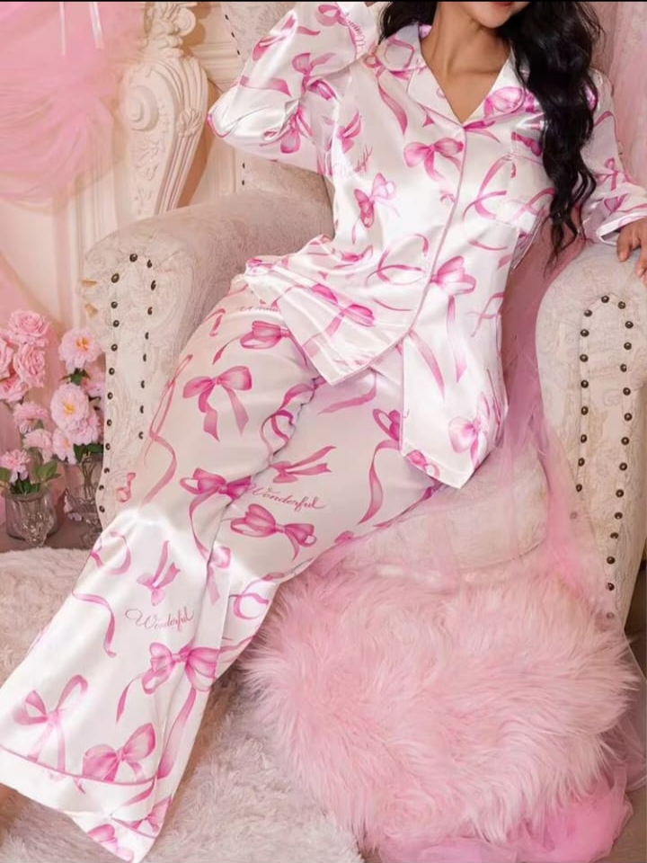 Sweetsleep White Satin Ribbon & Bow Print Pyjama Set