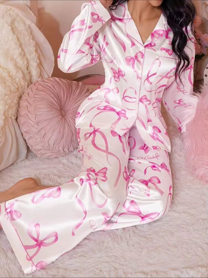 Sweetsleep White Satin Ribbon & Bow Print Pyjama Set