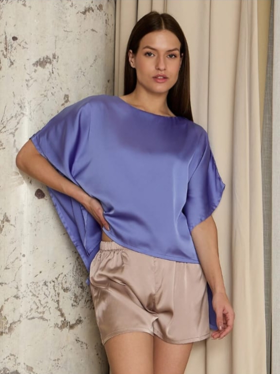 Women's Lavender & Taupe Satin Kaftan Top & Shorts Nightwear Set