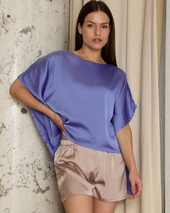 Women's Lavender & Taupe Satin Kaftan Top & Shorts Nightwear Set