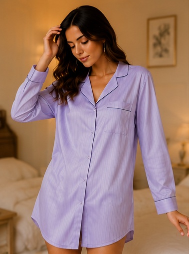 Women's Premium Lavender Cotton Button-Down Sleep Shirt Nightwear