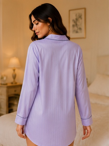 Women's Premium Lavender Cotton Button-Down Sleep Shirt Nightwear