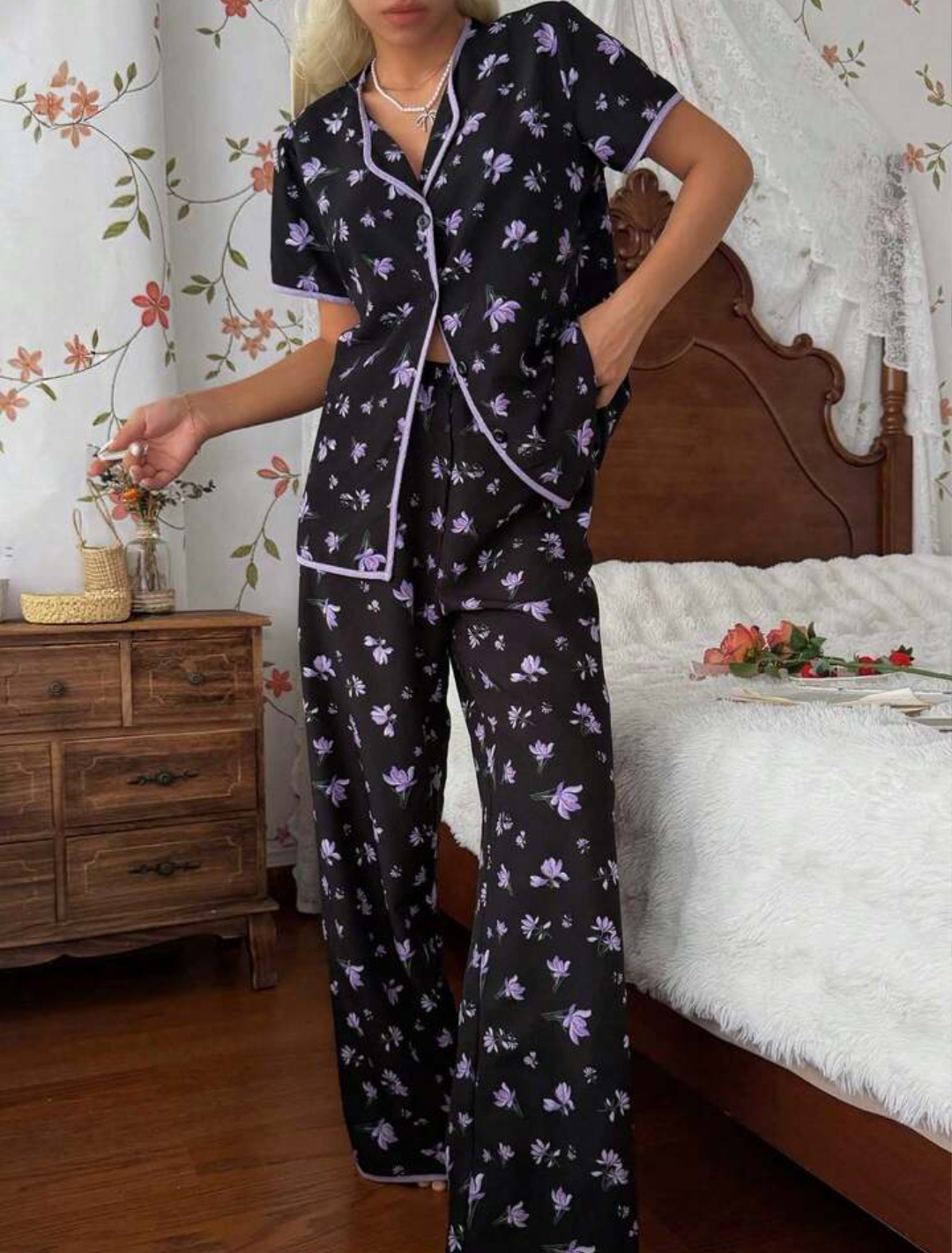 Cotton Nightwear Floral Purple Flower Printed Suit.