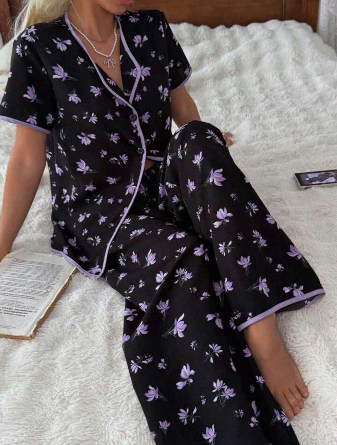 Cotton Nightwear Floral Purple Flower Printed Suit.