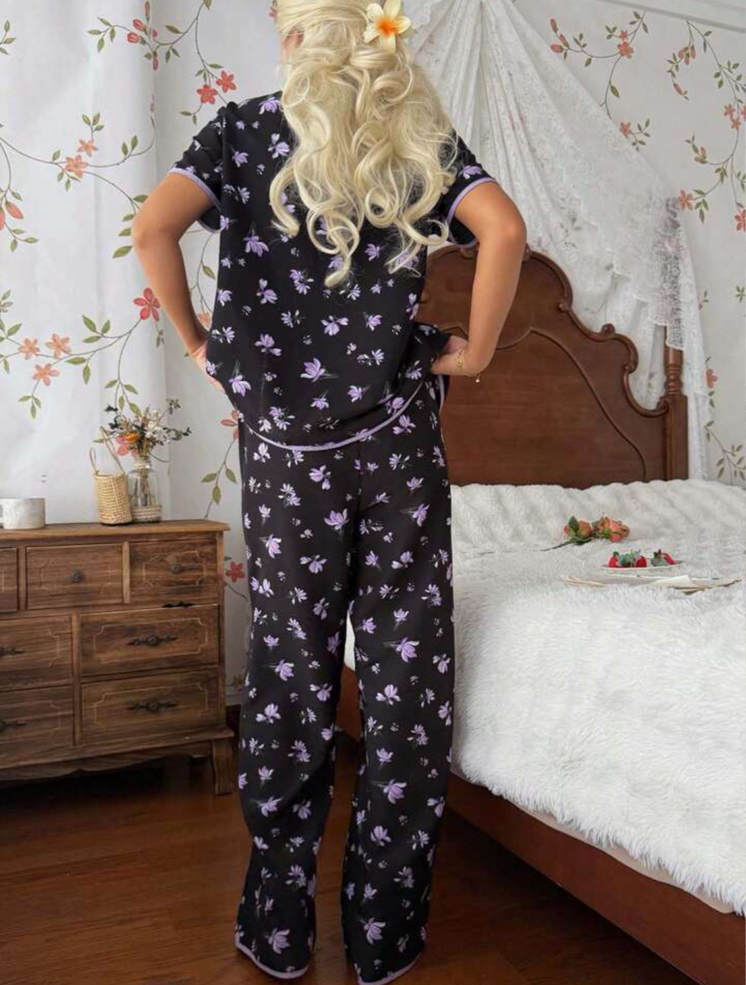Cotton Nightwear Floral Purple Flower Printed Suit.