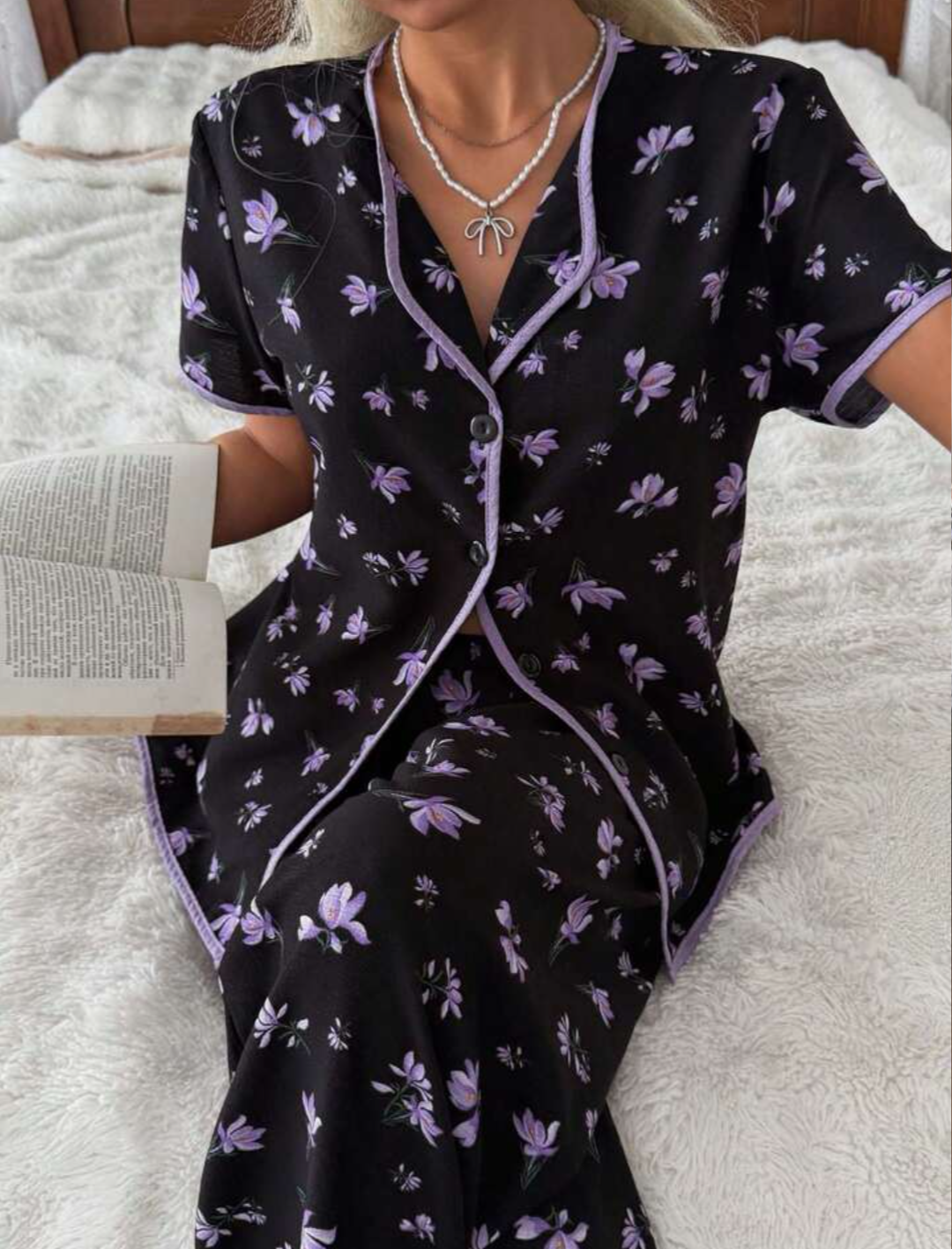 Cotton Nightwear Floral Purple Flower Printed Suit.