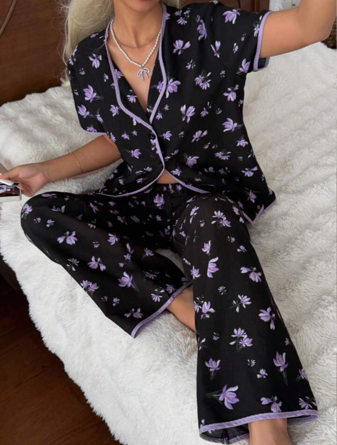 Cotton Nightwear Floral Purple Flower Printed Suit.