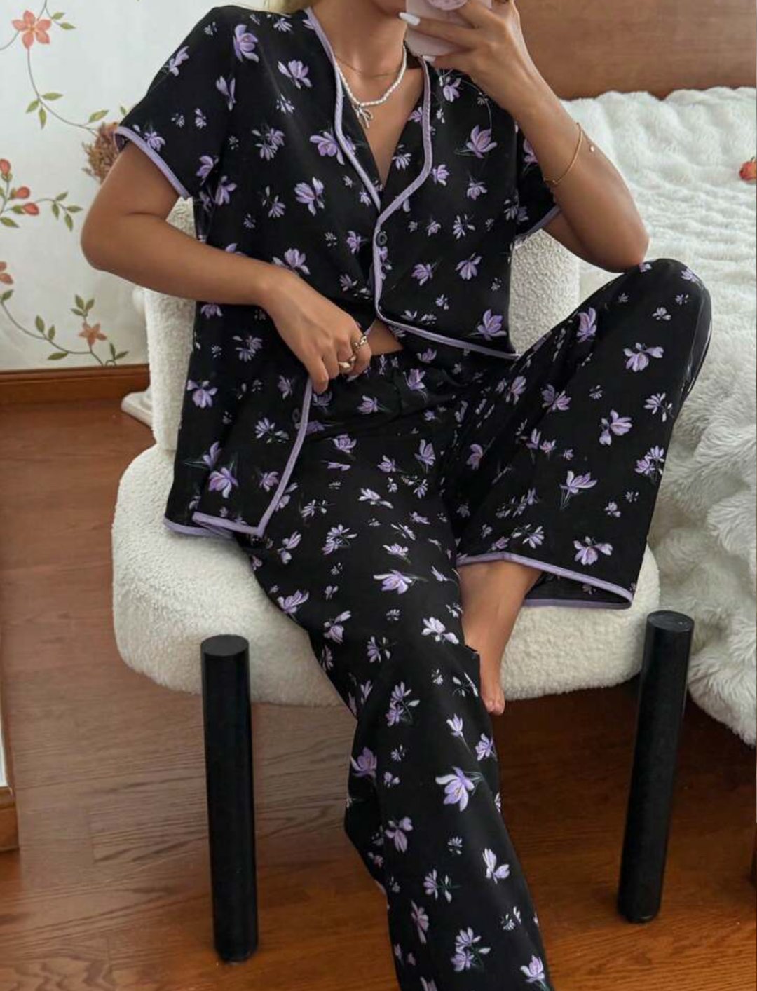 Cotton Nightwear Floral Purple Flower Printed Suit.