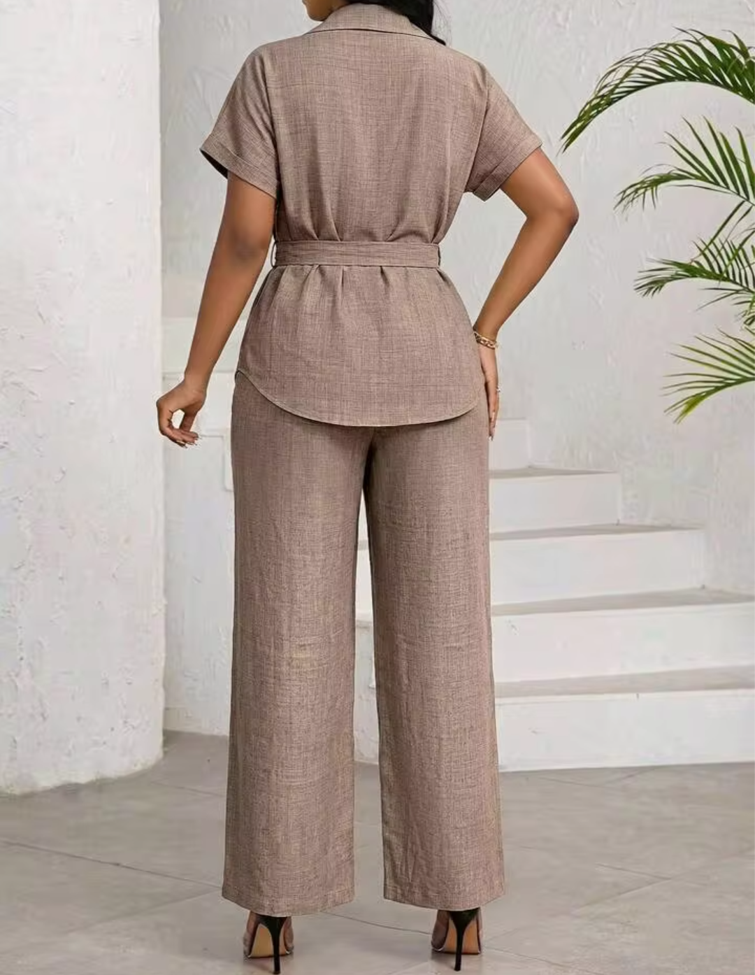 Women's Taupe Cotton Blend Belted Co-Ord Set