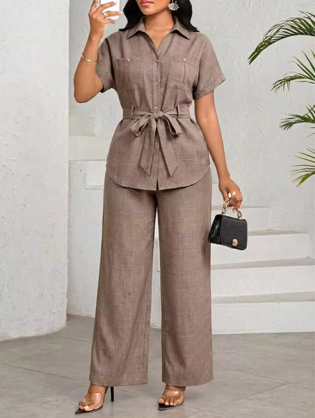 Women's Taupe Cotton Blend Belted Co-Ord Set