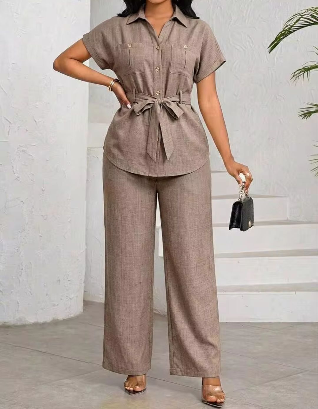 Women's Taupe Cotton Blend Belted Co-Ord Set