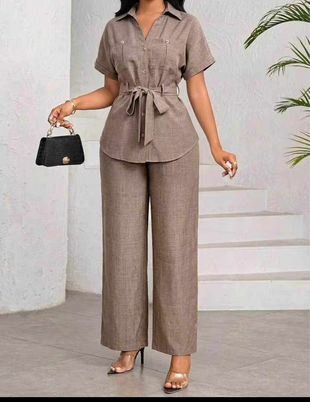 Women's Taupe Cotton Blend Belted Co-Ord Set