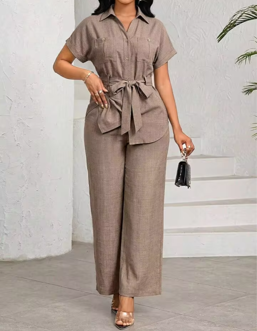 Women's Taupe Cotton Blend Belted Co-Ord Set