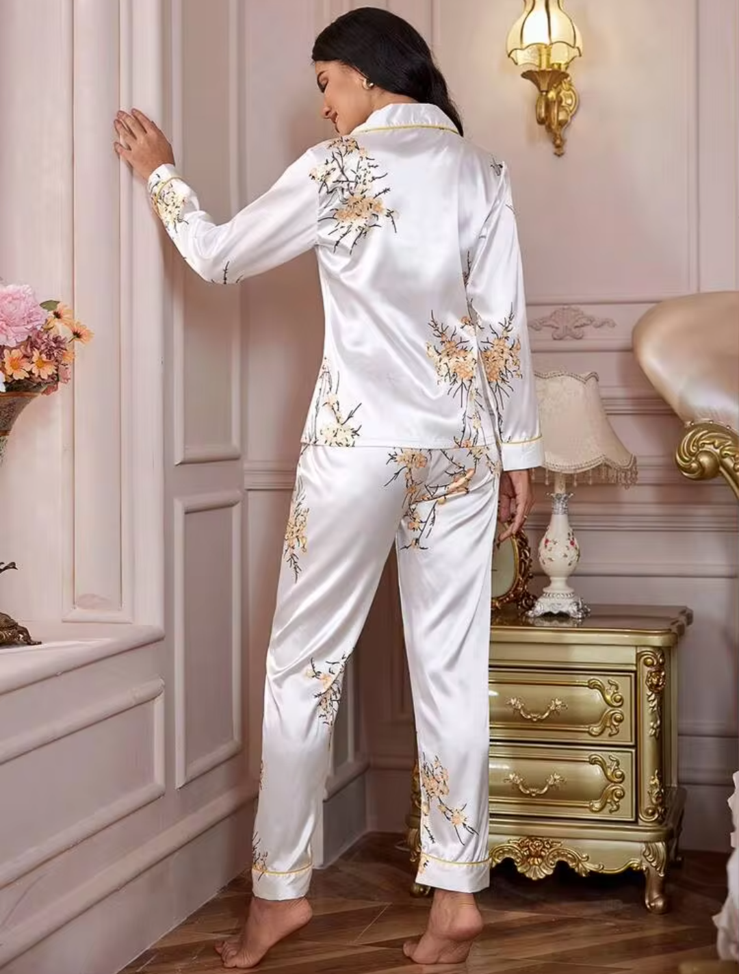 Women’s White Printed Satin Night Suit Set | Full Sleeve Button-Down Pajama Set