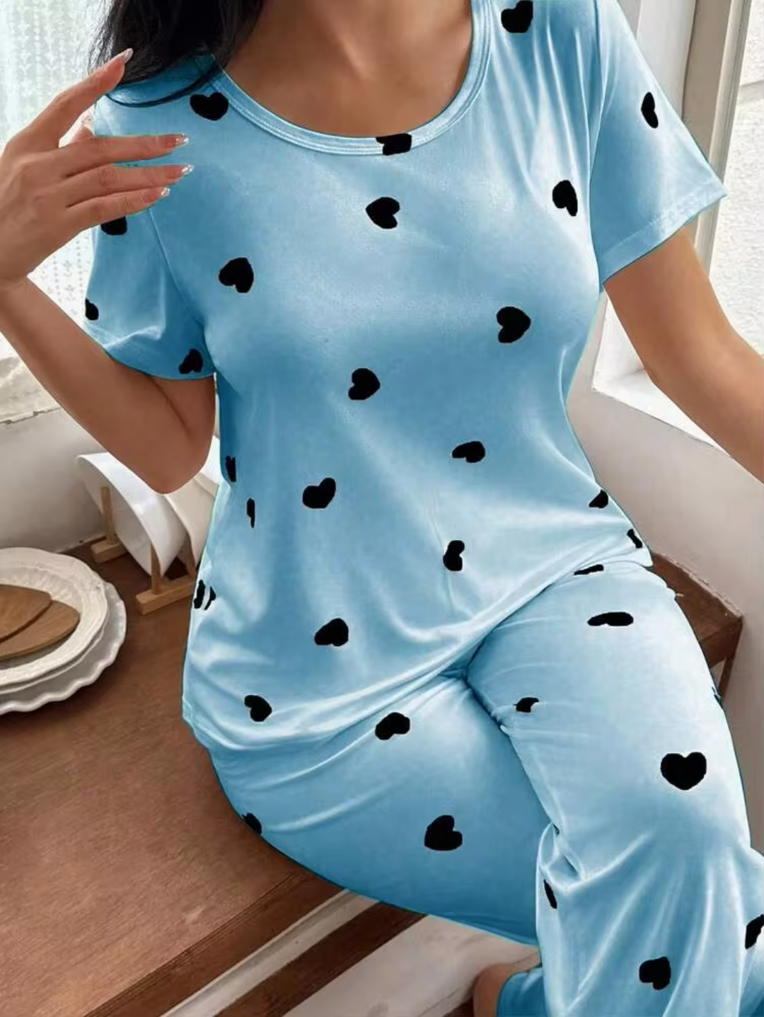 Women’s Sky Blue Heart Print Cotton Night Suit | Short Sleeve Top & Full Length Pyjama Set